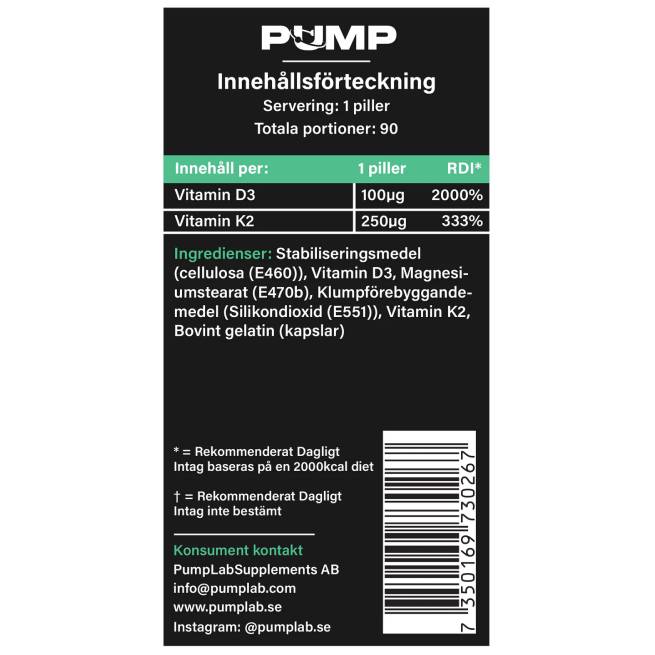 PumpLab D3+K2 - Vitamin D3+K2 Complex, 90 Caps